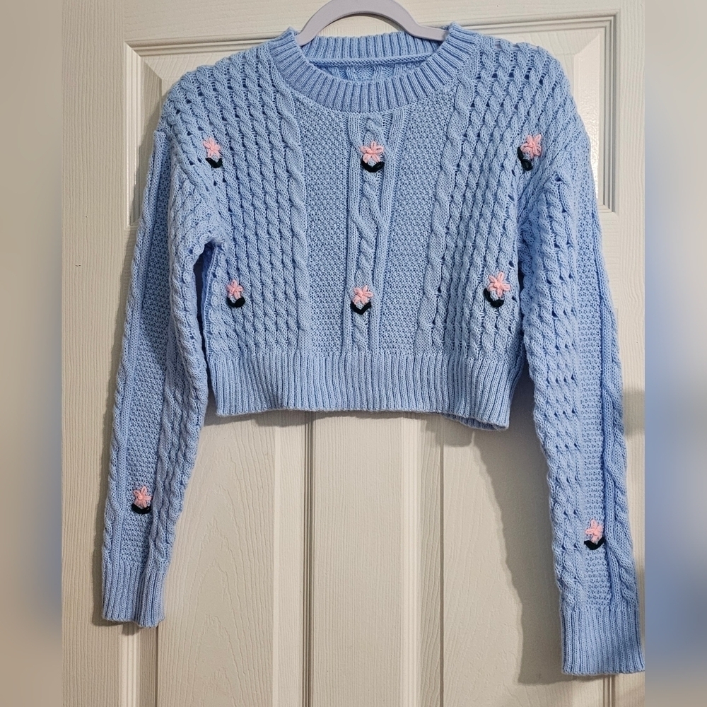 New Cropped Cable Knit Women's Blue Long Sleeve Coquette Dollette Sweater Medium